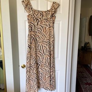 Donna Morgan size 12 Brown ,Cream and black off the shoulder Ruffled Maxi Dress